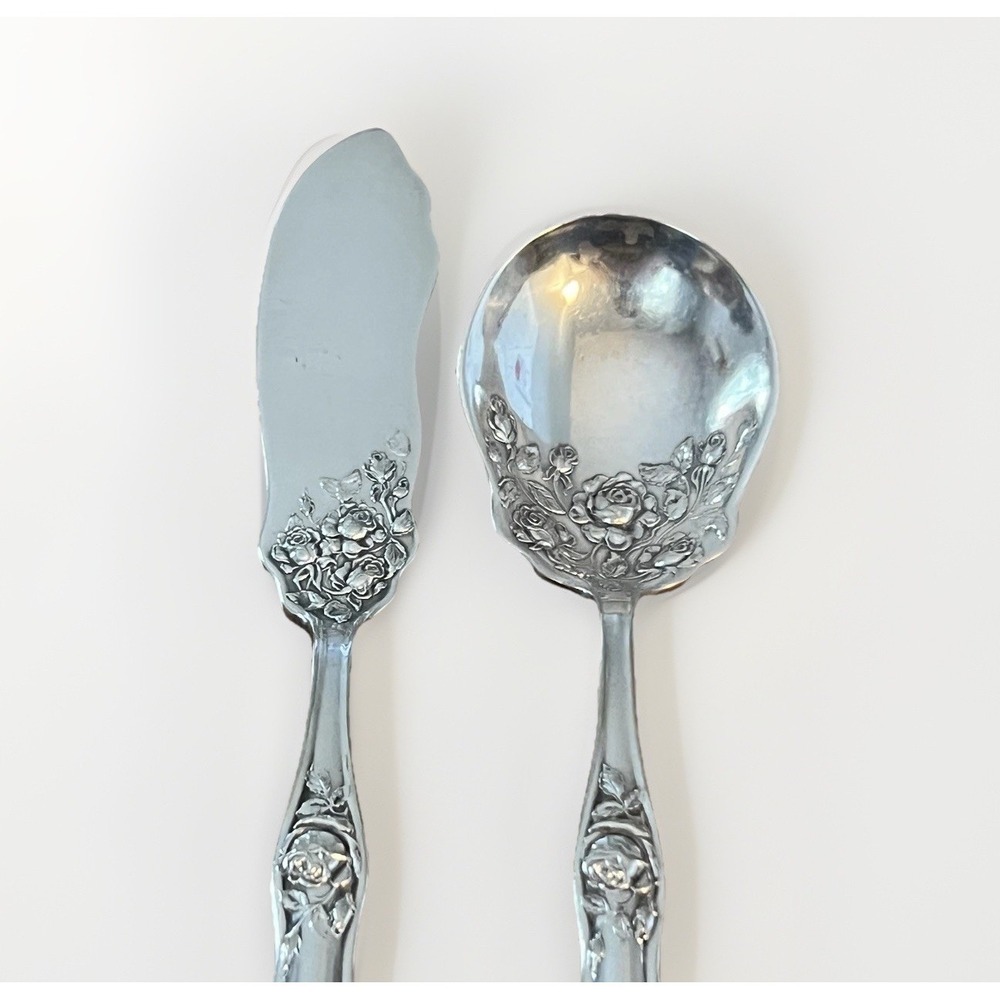 Holmes & Edwards XIV Silverplate American Beauty Rose Serving Spoon Butter Knife